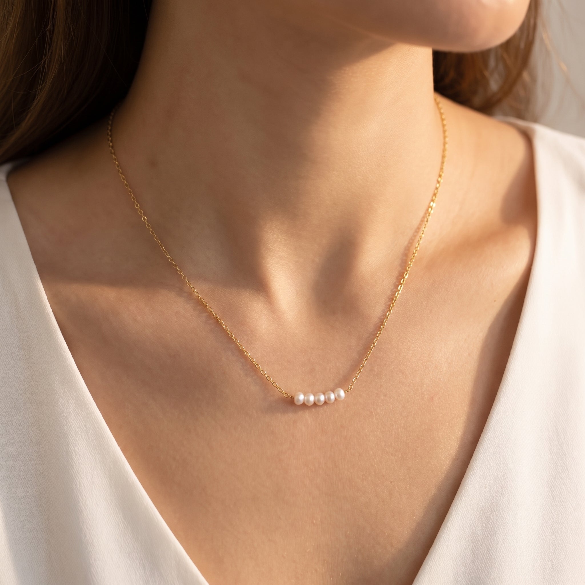Five Pearl Bar Necklace for Women | Gold Plated Minimalist Pearl Necklace