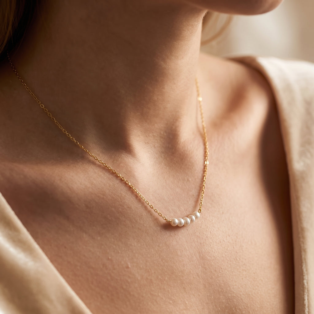 Five Pearl Bar Necklace for Women | Gold Plated Minimalist Pearl Necklace