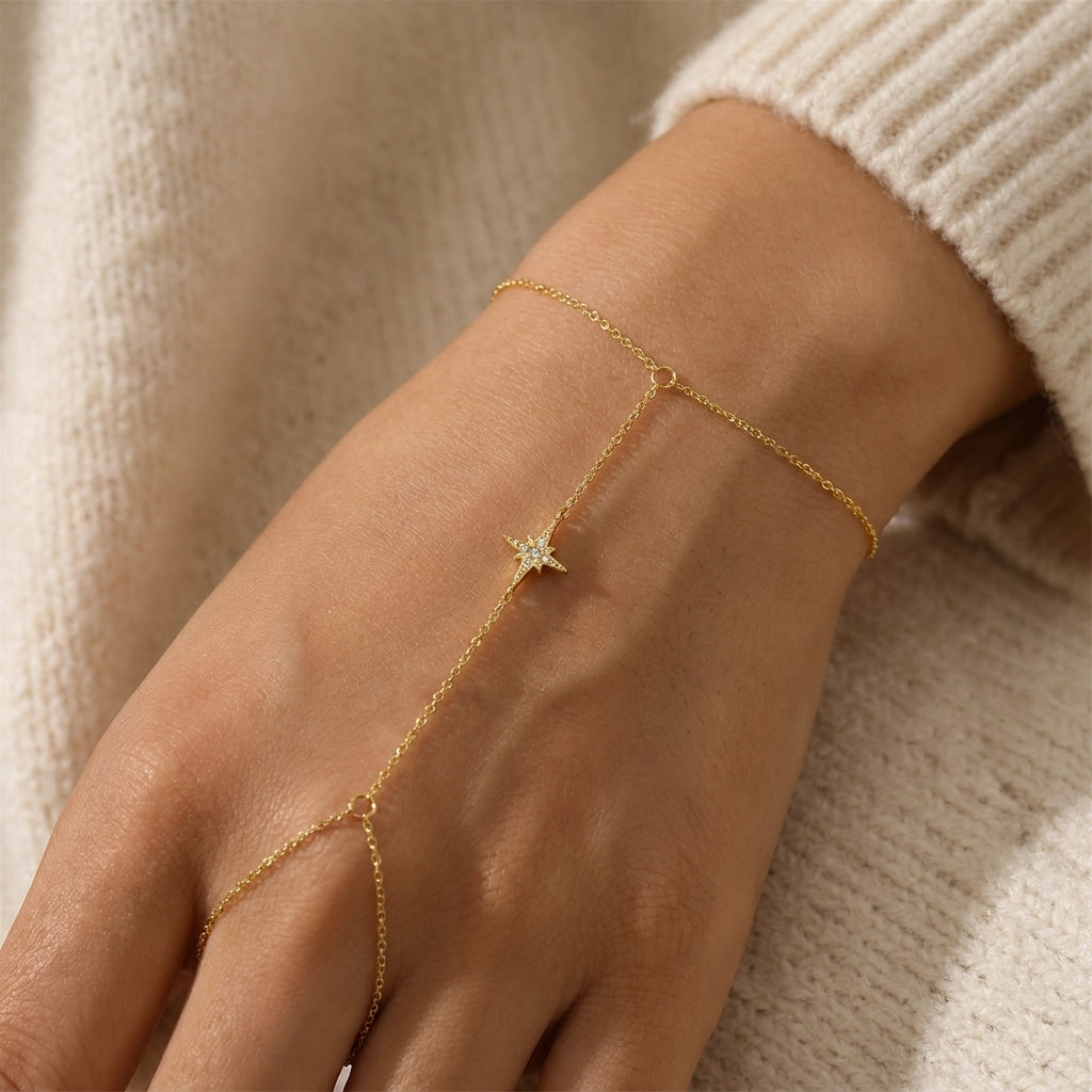 Sterling silver star hand chain with white zircon