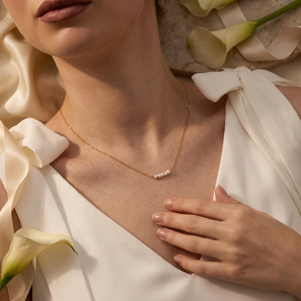 Five Pearl Bar Necklace for Women | Gold Plated Minimalist Pearl Necklace