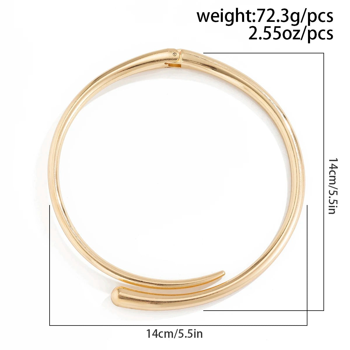 Gold bangle with measurements and weight information on a white background