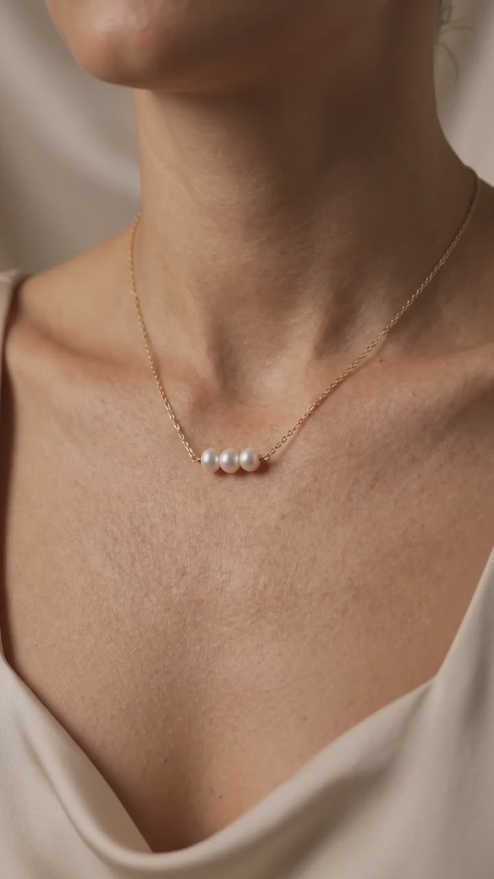 Three Pearl Cluster Necklace for Women | Gold Plated Minimalist Pearl Necklace